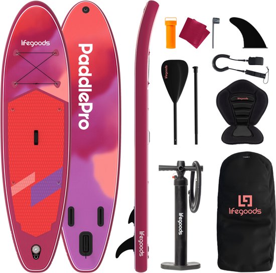 LifeGoods SUP Board All-round Compact - avec siège - capacité de charge de 100 KG - 300 x 76 cm - gonflable - ensemble complet de SUP - rouge/lilas