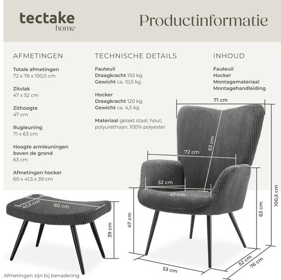 tectake® Ear Armchair with Hocker - Fauteuil scandinave Teddy Bouclé - Chaise de salon et de séjour - Pieds en métal noir - Capacité 150kg - Velours côtelé - Gris