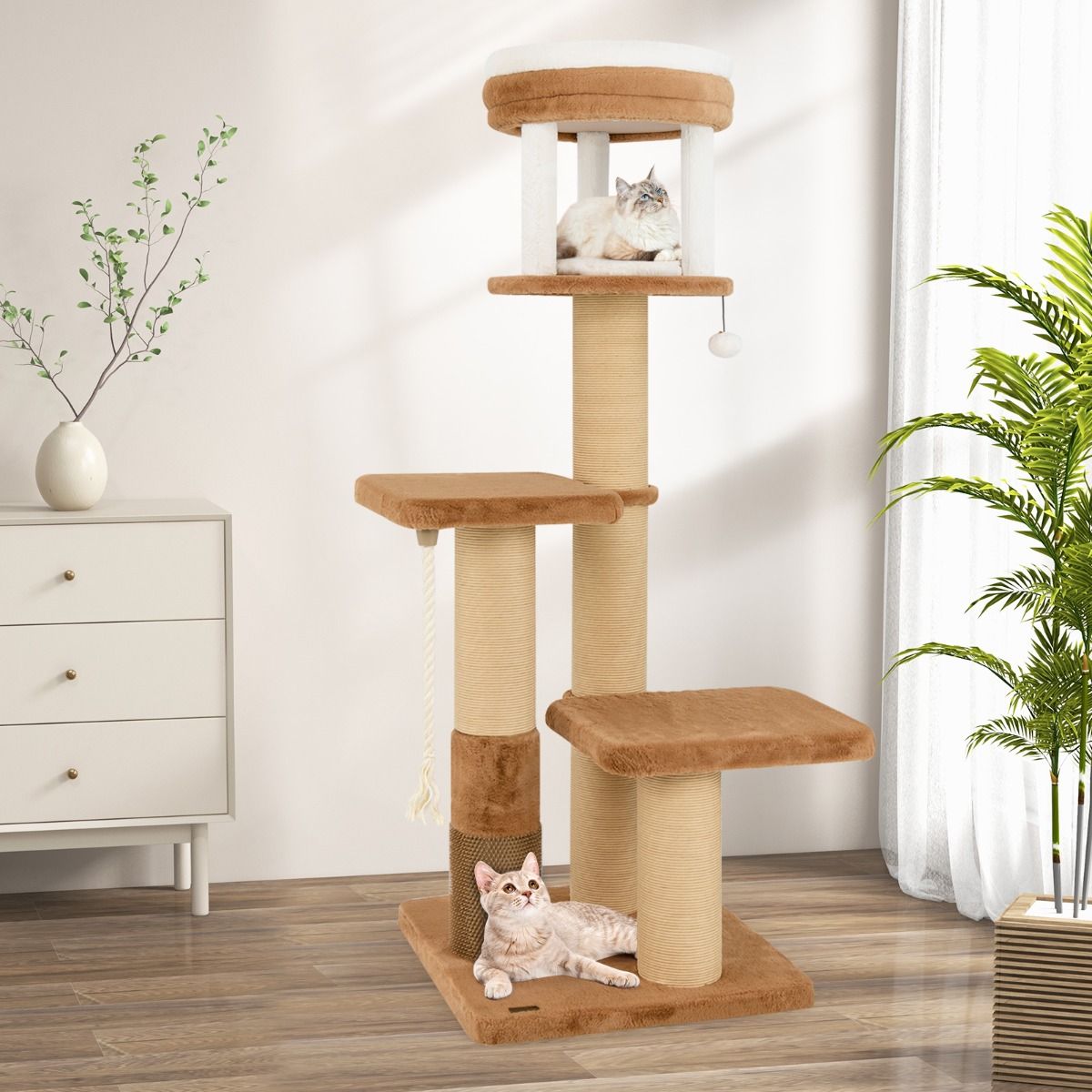 Arbre à chat Coast - poteau à griffer avec perchoirs rembourrés - panier amovible - caramel et blanc - 164 cm