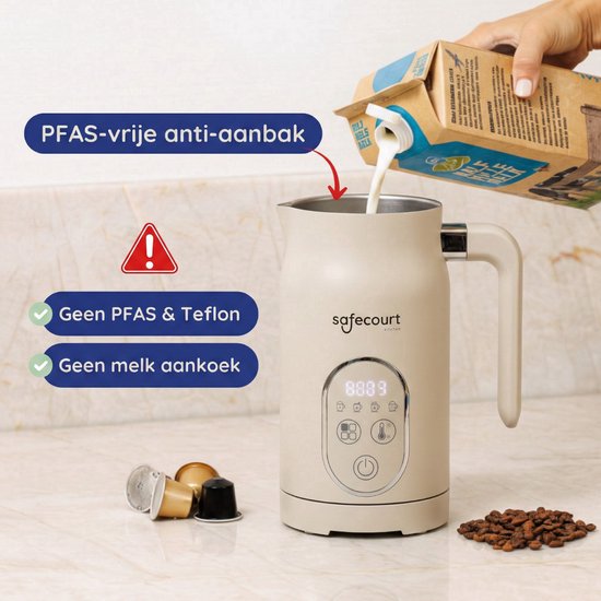 Safecourt kitchen Mousseur à lait électrique - 100% sans PFAS - Affichage et contrôle de la température - 4 en 1 - 350ml - Beige