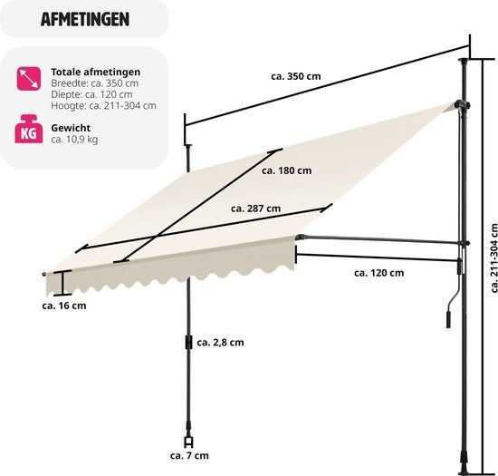 tectake - store à pinces - parasol - store - réglable - store à pinces - parasol balcon - 350 x 180 cm - beige - store - 404966