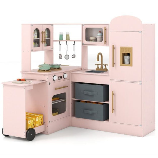 Coast Play Kitchen Corner Model 100 × 75.5-92 × 101 cm - Pink - Cuisine en bois pour enfants avec lumière, son et plan de travail extensible