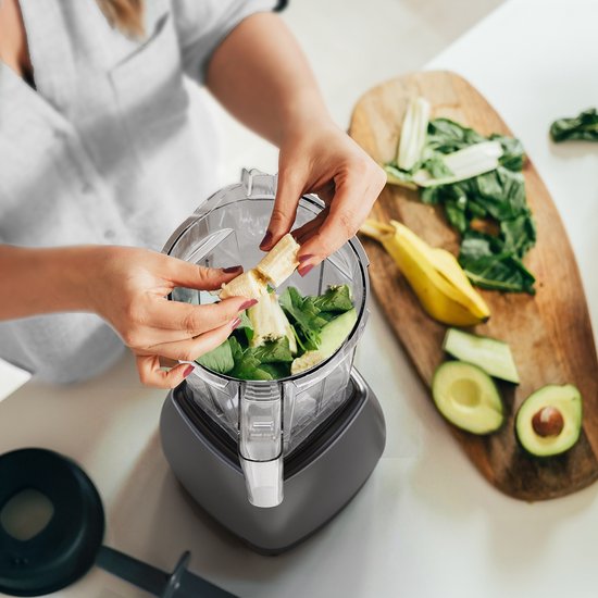 KitchenBrothers 2-in-1 Power Blender - 1600W - 2L - Ensemble complet avec hachoir et gobelet - Smoothie Maker - Ice Crusher - Gris Métallique