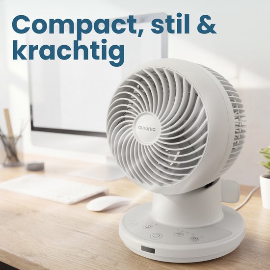 Ventilateur de table Auronic - Mini-ventilateur - Avec télécommande et minuterie - Oscillation automatique à 85° - Portée de 9 mètres - Blanc