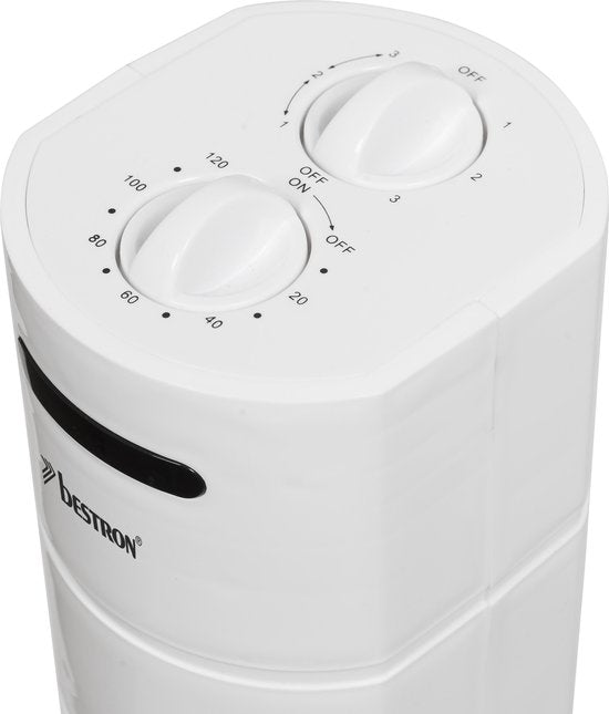 Bestron Ventilateur de tour, Ventilateur avec 3 vitesses et fonction de rotation de 75°, minuterie incluse, hauteur : 78 cm, 35W, AFT760W, couleur : blanc