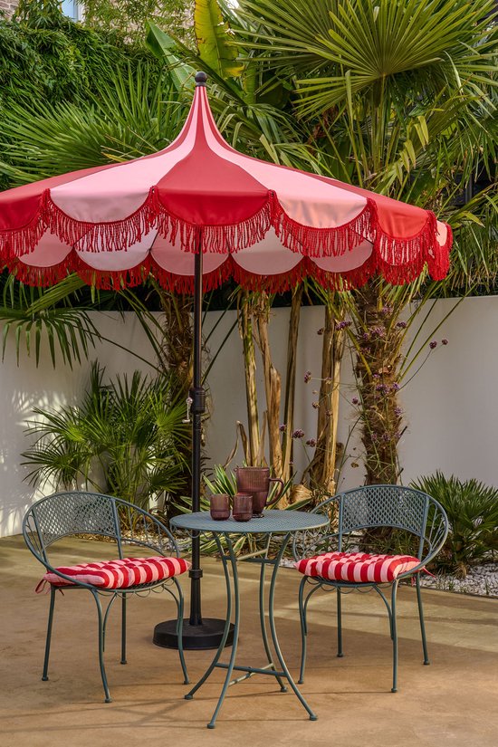 Mica Decorations Kim : parasol rayé avec sac de transport - Parasol à mât 238 x Ø235 cm - Parasol de jardin ou de balcon - Polyester, acier - Rouge