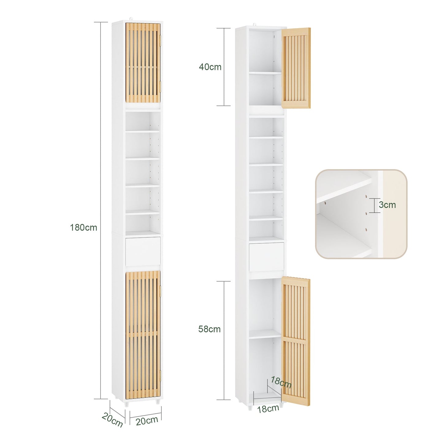 sobuy armoire de toilette haute avec portes en bambou - 20 × 20 × 180 cm | blanc