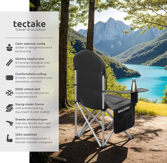 tectake® Chaise de camping - Chaise pliante - Avec porte-gobelet, compartiment de rangement et sac de transport - Chaise de luxe pour l'extérieur - Chaise Glamping