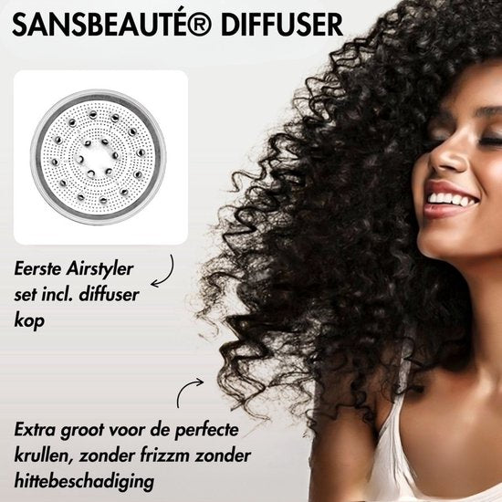 Sansbeauté® 9-in-1 Airstyler with Diffuser and Storage Box - Multistyler - Hair dryer brush short hair - Hair curler - Hair styler - Hair dryer - Heat brush - Curling brush - Curling iron - Hair straightener - Styling brush - 5 in 1 Hairstyler
