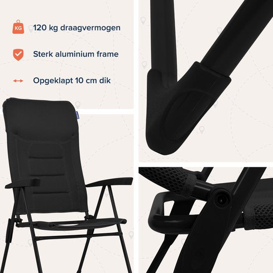 TRVLMORE Chaise de camping - 7 positions - Chaise de camping confortable - Capacité de charge de 120 kg - Position allongée - Chaise pliante - Chaise pliante - Noir