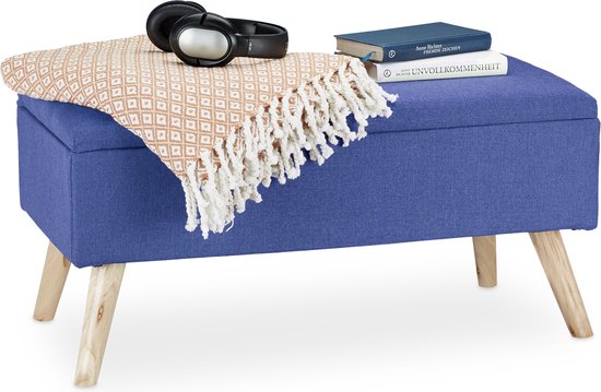 banc avec rangement - 39,5 x 79,5 x 39,5 cm - coussin - pieds en bois - banc d'entrée - bleu