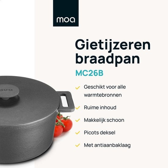 MOA Casserole en fonte - Capacité 4,75 litres - 26CM - Ronde - Toutes sources de chaleur - Egalement pour induction - Poids 5,8 kg - Noire - MOAMC26B