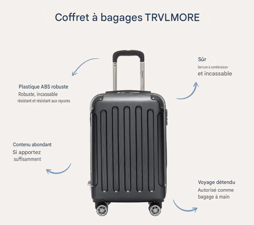 TRVLMORE Valise à main - 54x36x20 cm - 38L - Légère et résistante - Noire - Convient aux cabines d'avion