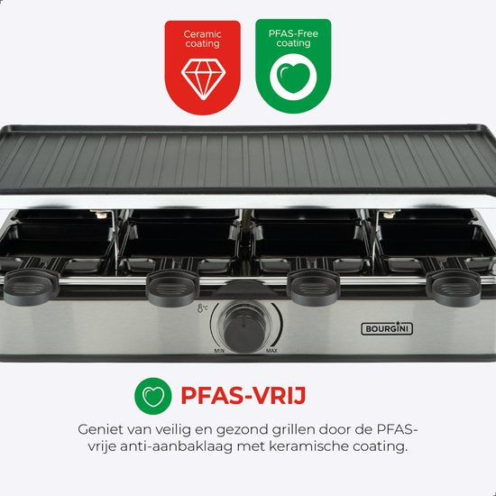 Bourgini Gourmet Raclette Pure - Set gourmet avec plaque réversible pour le gril et la cuisson - Raclette 8 personnes - 21x42 cm - Revêtement sans PFAS - Thermostat réglable - 8 spatules et poêles incluses