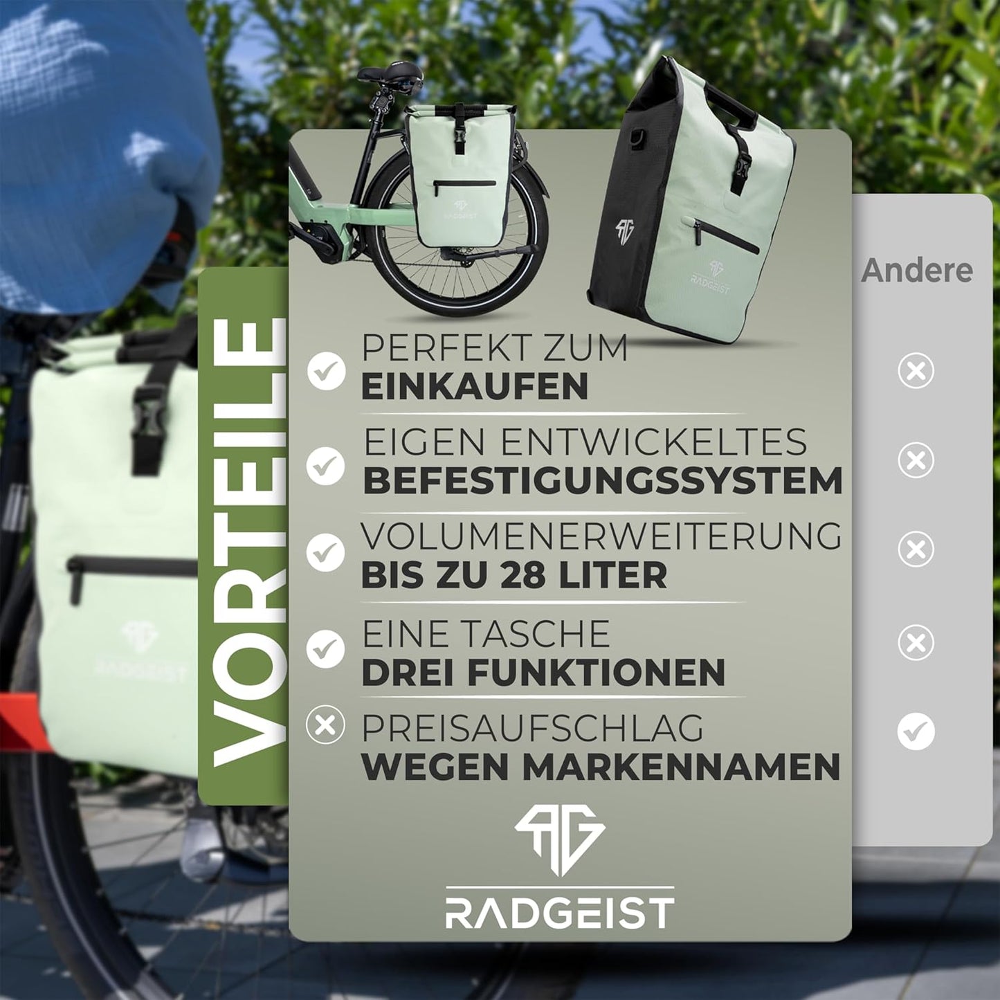 RADGEIST sac à vélo pour porteur I sac à vélo shopper avec sac isotherme amovible I sac à provisions & sac à provisions 22-28 litres - vert