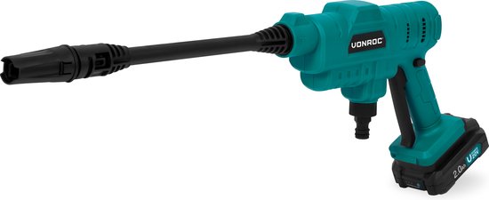 VONROC Accu nettoyeur haute pression 20V - 24bar - 198 l/h - Inclus tuyau d'aspiration de 5m, bouteille de détergent et buse ajustable - Inclus batterie 2.0Ah et chargeur rapide