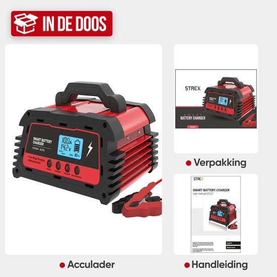 Chargeur de batterie industriel Strex - 12/24V 5/10/25A - pour voiture / moto / scooter / bateau / camping-car - mode réparation - chargeur goutte à goutte