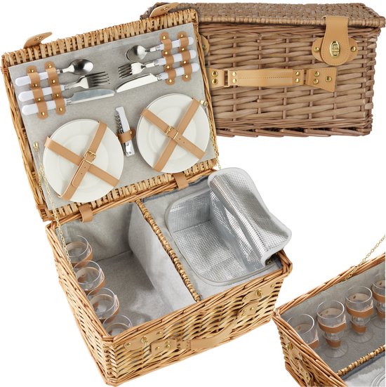 tectake® complete Picnic Basket Set Terschelling - Luxury 21-piece Picnic Set for 2 - Wicker Picnic Basket - Includes Cooler, Set with Plates, Plastic Wine Glasses and Stainless Steel Cutlery