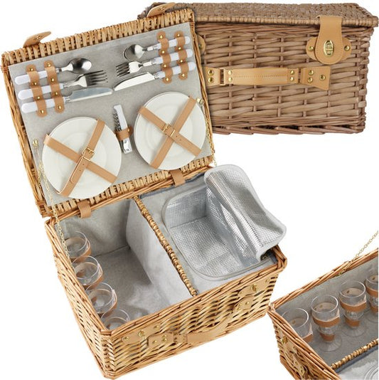 tectake® complete Picnic Basket Set Terschelling - Luxury 21-piece Picnic Set for 2 - Wicker Picnic Basket - Includes Cooler, Set with Plates, Plastic Wine Glasses and Stainless Steel Cutlery