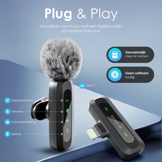Microphone sans fil Strolox® Pro - Lot de 2 - Micro-cravate - Protège-vent - Épingle de cravate - Batterie longue durée - USB-C/Lightning - Plug & Play