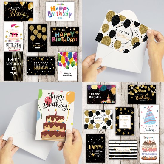 Feestio cartes d'anniversaire avec enveloppe - Carte d'anniversaire - 24 pièces - 10,5 x 14,8 cm