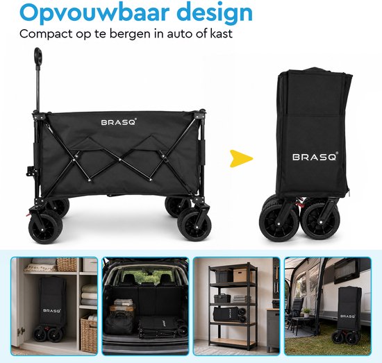 Chariot pliable BRASQ - 165 litres - Capacité de charge de 100 kg - Roues pivotantes avec frein - 90 x 52 x 110 cm - Poignée réglable - Chariot pliable - Noir
