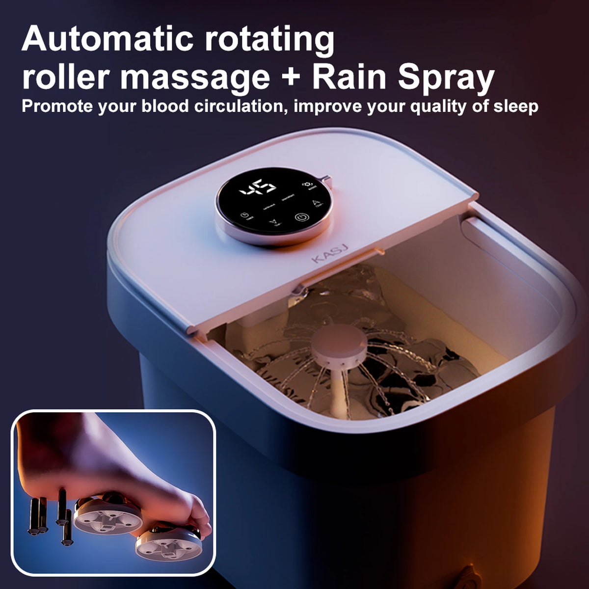 Bain de pieds électrique avec massage KASJ T6 – 4 rouleaux rotatifs, acupression des talons, chauffage de 35 à 48 °C, minuterie et vidange rapide