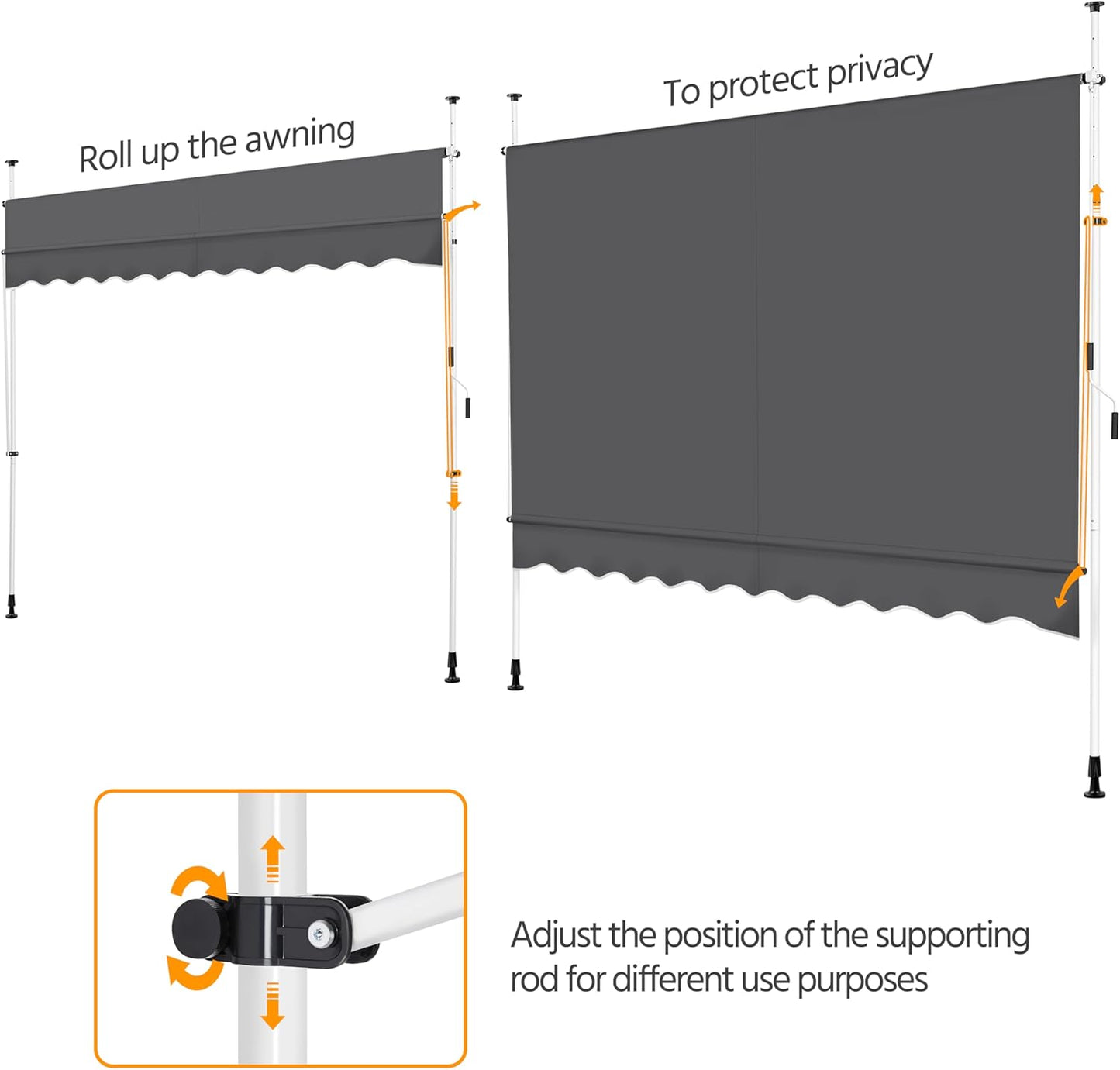 Yaheetech : store pare-soleil avec armature télescopique et manivelle - 300 x 120 cm - hauteur réglable de 210 à 300 cm - résistant aux UV - gris