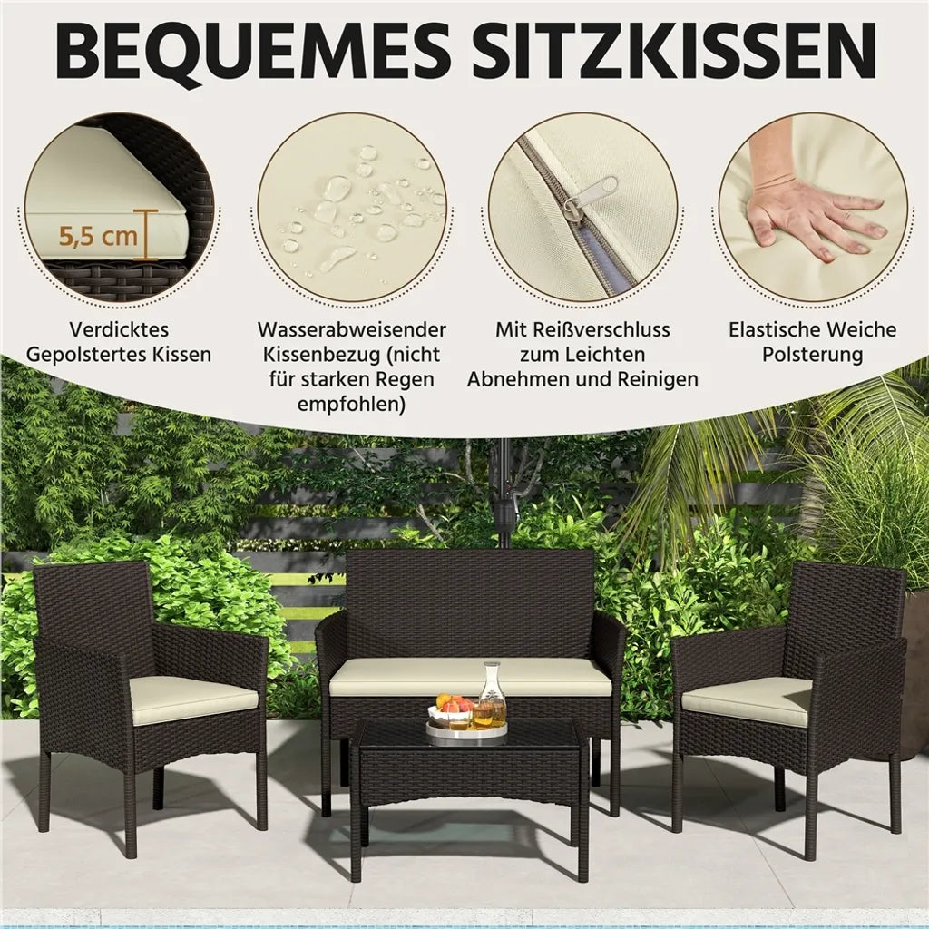 Ensemble de salon Yaheetech en polyrotin, 4 pièces - Marron/Beige - Ensemble de jardin comprenant un canapé 2 places, 2 chaises et une table