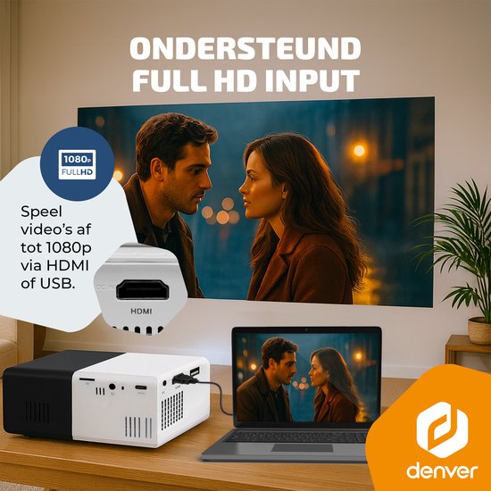 Denver Mini Beamer - Full HD 1920*1080P - 30 ANSI Lumen - Projecteur - Home Cinema - HDMI - USB-C - PR1000