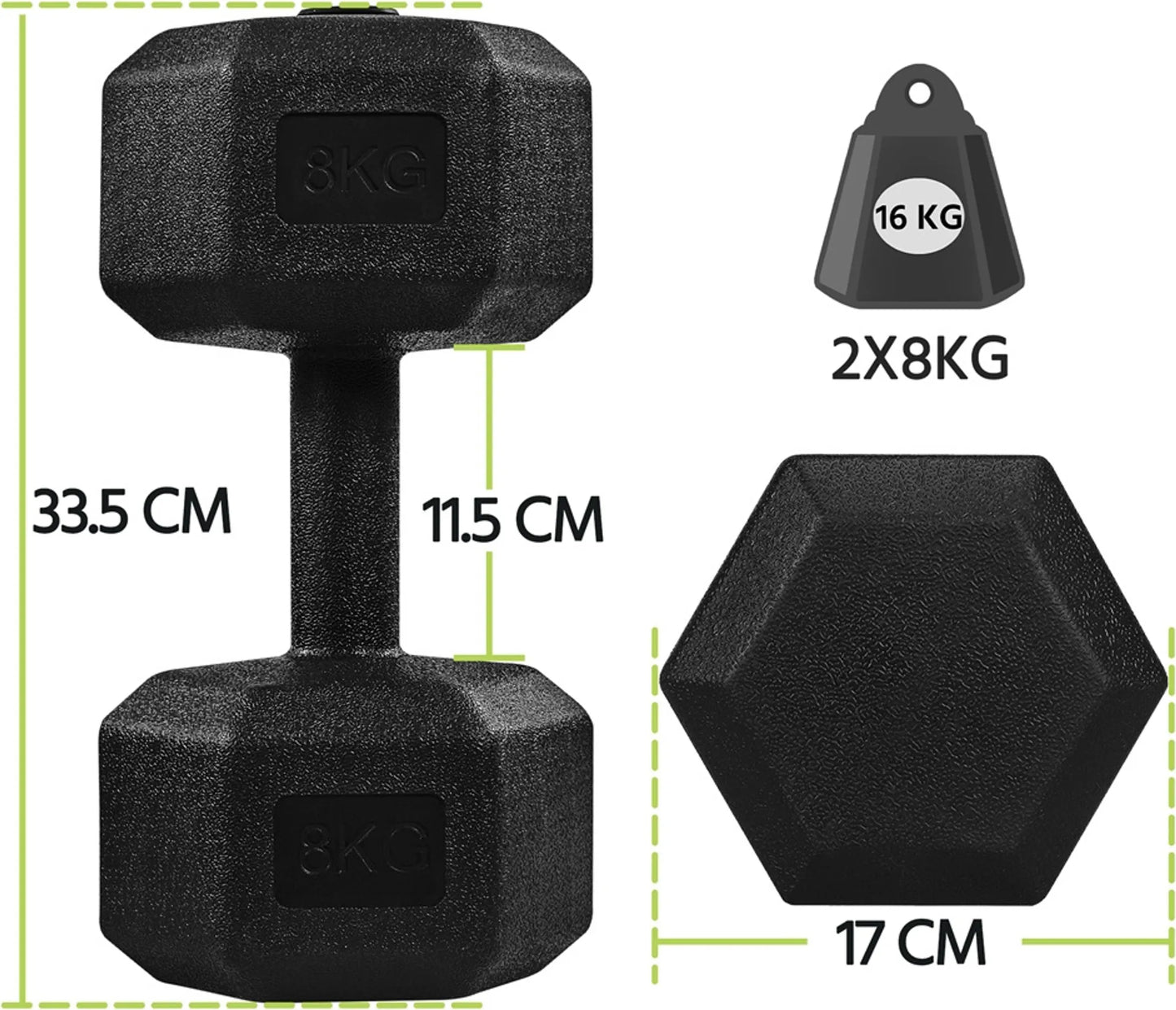 Yaheetech Jeu d'haltères de 2 x 8 kg - 33.5 x 17 x 15 cm - Tête hexagonale, conception antiroulis et revêtement en plastique - Pour la musculation et la gym à domicile - Plastique noir et béton