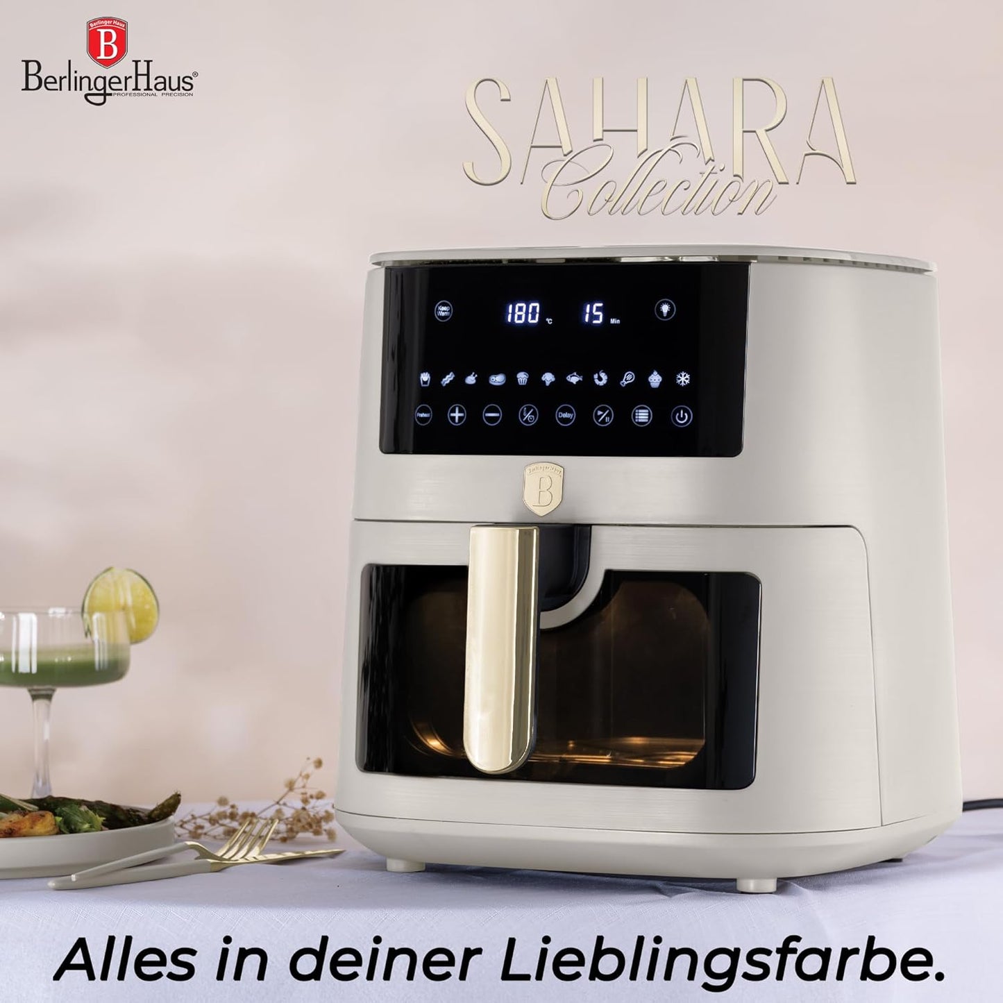 Friteuse à air chaud Berlinger Haus 8 litres - Crème mat - Écran tactile numérique - 1 650 W - 33 x 36,5 x 36,5 cm