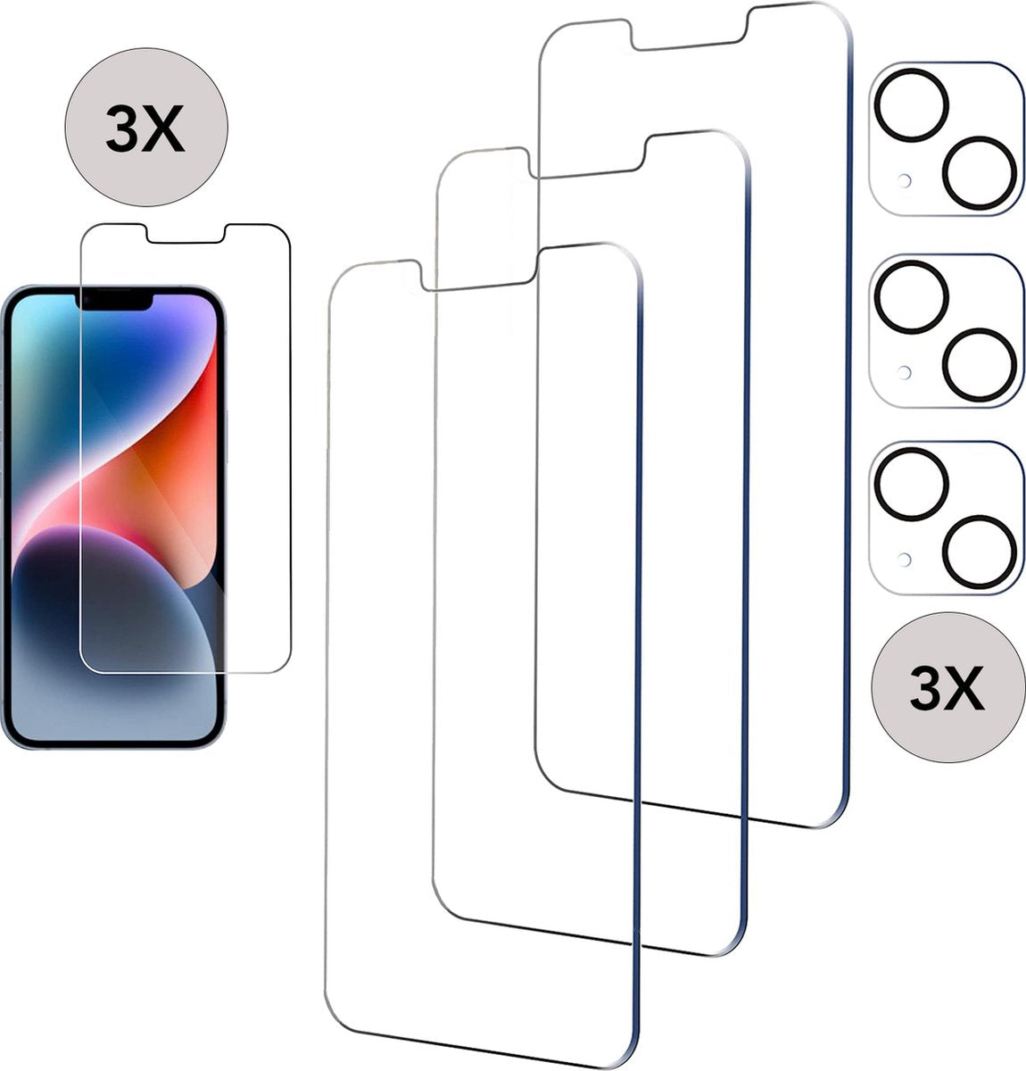 Podec 3x Protection d'écran et 3x Protection de l'objectif de la caméra - iPhone 14 - Transparent et résistant aux rayures - Protection d'écran en verre trempé