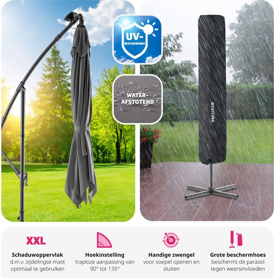 tectake® Parasol rectangulaire - Avec éclairage solaire LED - Housse de protection incluse - Parasol flottant - Protection solaire terrasse, jardin - Parasol de balcon - Grand parasol - 250x300cm - Gris