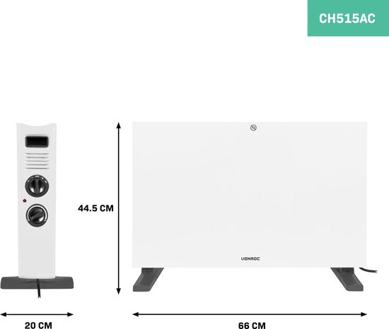 VONROC Chauffage électrique - Convecteur avec ventilateur de radiateur intégré - 2 réglages : 1250W/2000W - Thermostat réglable - Chauffe les pièces jusqu'à 24m2 - Design moderne - Blanc
