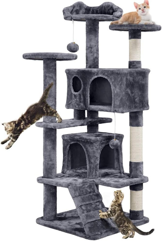 Yaheetech Scratching Post - 3 plateformes d'observation - 2 terriers pour chat - 49 x 49 x 139 cm - Gris foncé
