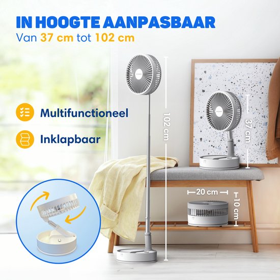 Vulpes Goods® Tech - Ventilateur sans fil sur trépied avec télécommande - 4en1 - Rechargeable et réglable - Silencieux - 12dB - Minuteur - Ventilateur de table, ventilateur sur trépied, ventilateur de sol, ventilateur USB - Version PRO