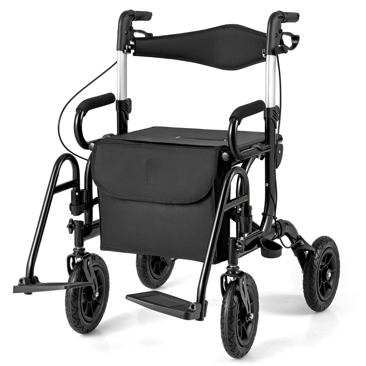Rollator et fauteuil roulant 2-en-1 Coast - pneus gonflables - réglable en hauteur sur 6 positions - noir
