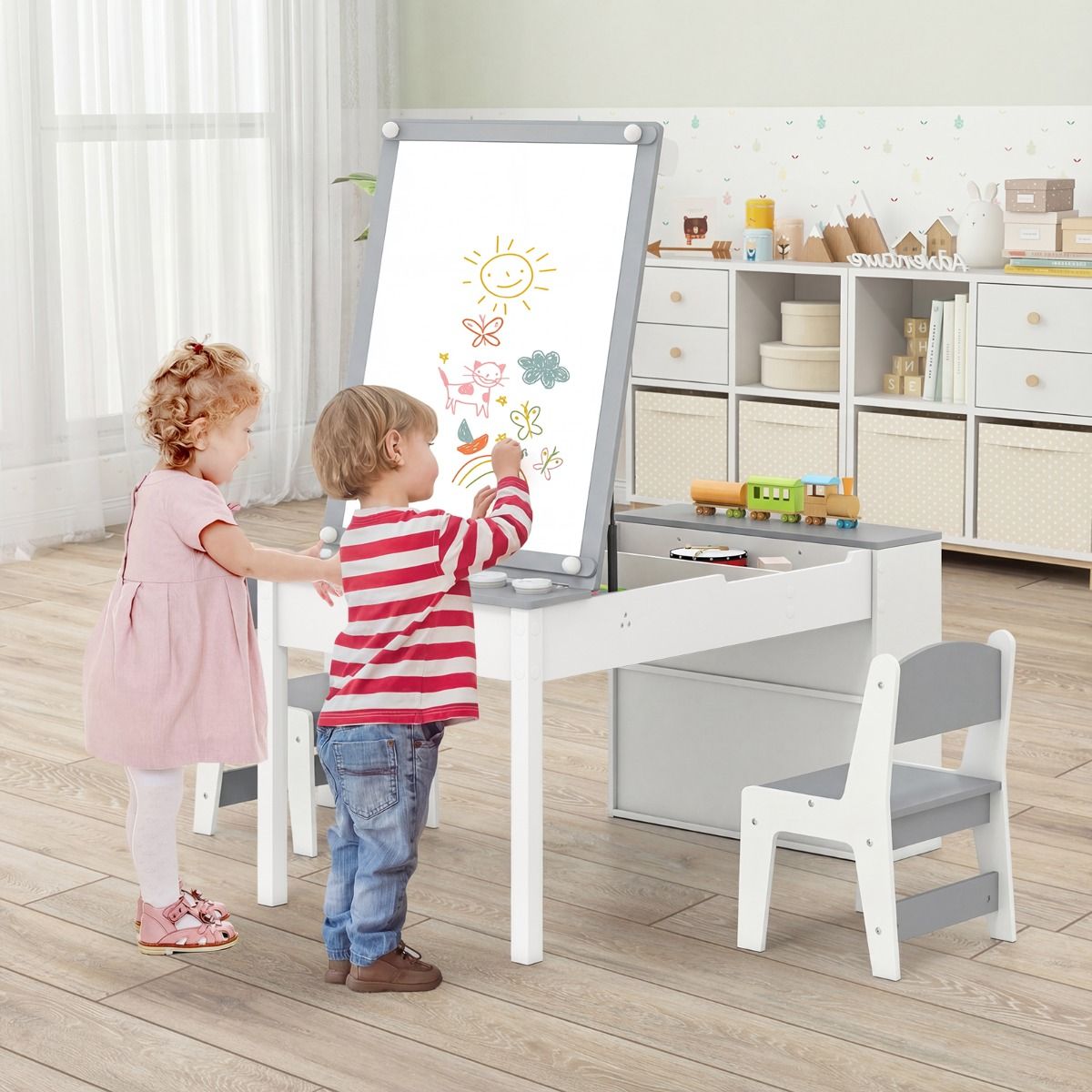 Ensemble table et chaises pour enfants Coast - Table à dessin 2-en-1 avec espace de rangement et rouleau de papier - gris