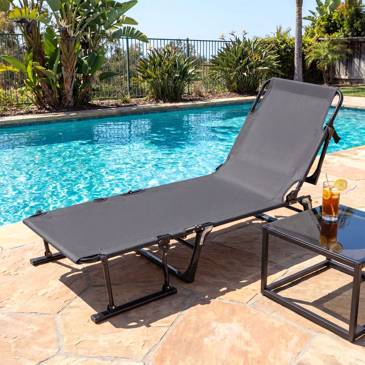 Lit de camping Coast 3-en-1 : lit de camp et chaise longue pliables - 6 positions - Gris et noir