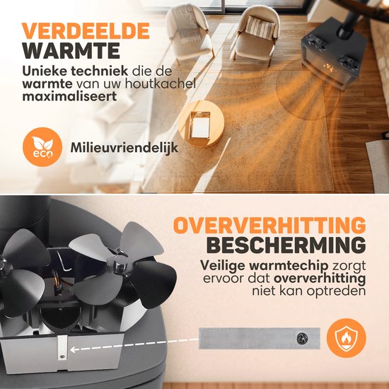 Vulpes Goods® Tech - Ventilateur de poêle à bois - Ventilateur de cheminée - Ecofan - Ventilateur de chaleur - 8 pales et 2 ventilateurs - Thermomètre et gant inclus - version PRO