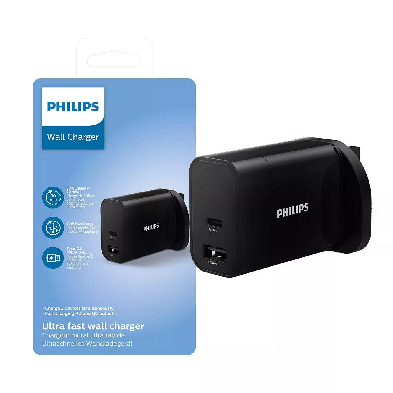 Prise 3 broches - Philips 30W - Chargeur - noir
