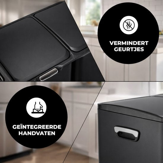 Bayt Poubelle - Poubelle 60 litres - Poubelle 60 litres - Poubelle à pédale 60 litres - Poubelle tri sélectif - Poubelle 3 compartiments - Poubelle - inox - Noir