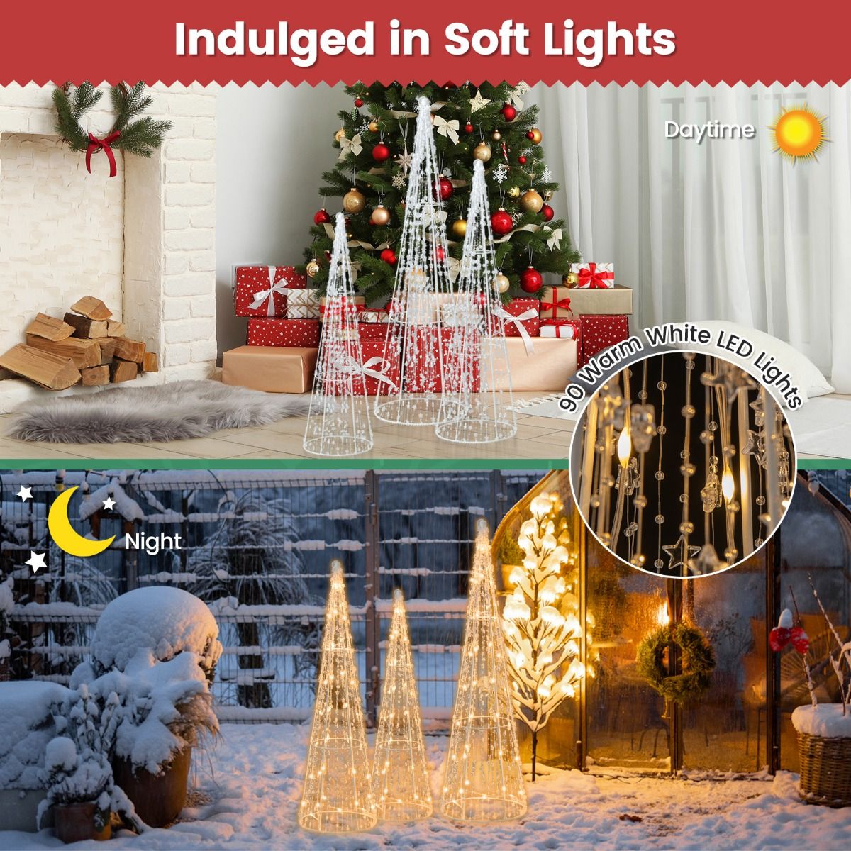 3 arbres de Noël illuminés Coast - LED blanc chaud - guirlandes étoilées - blanc - 81 / 72 / 62 cm - pour l'intérieur et l'extérieur
