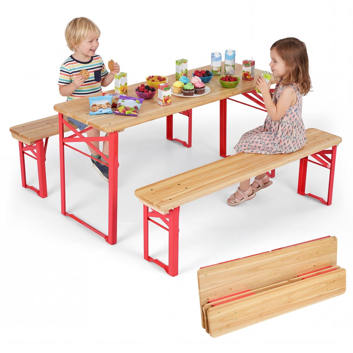 Ensemble de pique-nique pour enfants Coast - table de pique-nique pliable avec 2 bancs - bois de sapin et métal - rouge