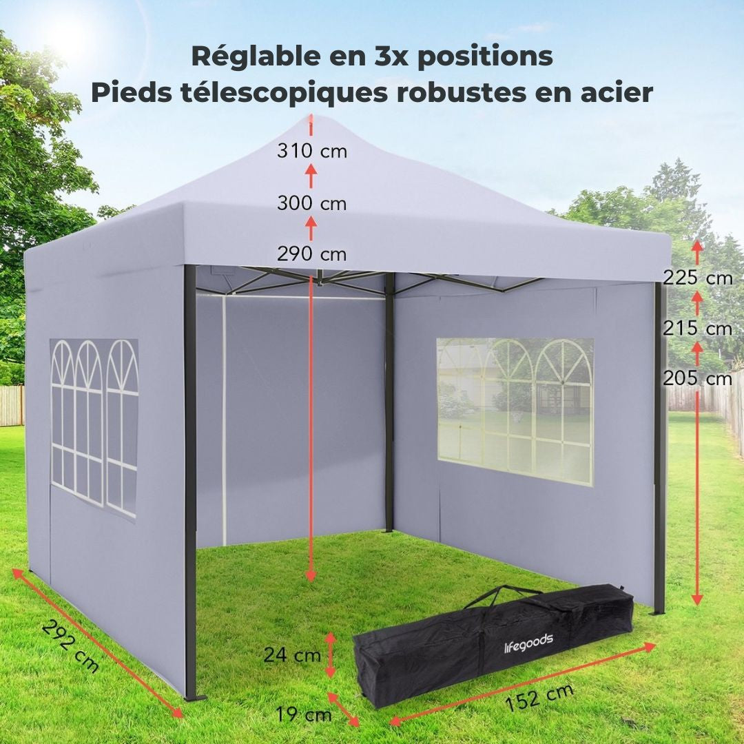 Tente de réception LifeGoods - Étanche- Pliable - 3x3m - Gris foncé