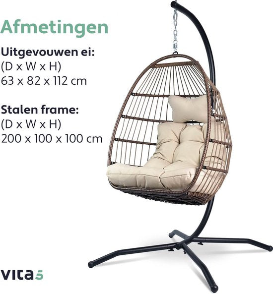 Vita5 Chaise Suspendue Œuf – Pour Intérieur et Extérieur – jusqu'à 150 kg – Pliable - Incl. Support & Coussin – Chaise Cocoon - Blanc Crème