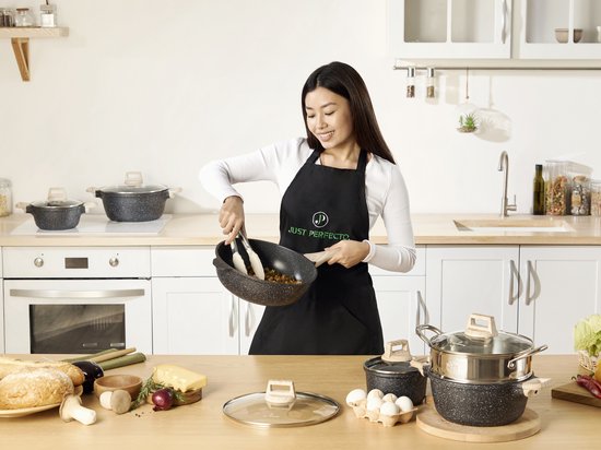 Just Perfecto 15 Piece Induction Cookware Set - Black Cookware Set With Lid For Gas and Induction - PFAS free - Cold grips