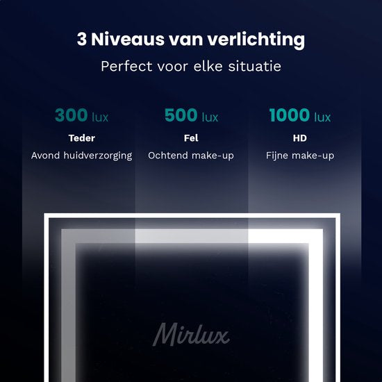 Mirlux Hollywood Mirror 80x60CM - 2 haut-parleurs Bluetooth - ports de charge USB et USB-C - éclairage LED - miroir de maquillage - zoom 10x - suspendu - blanc