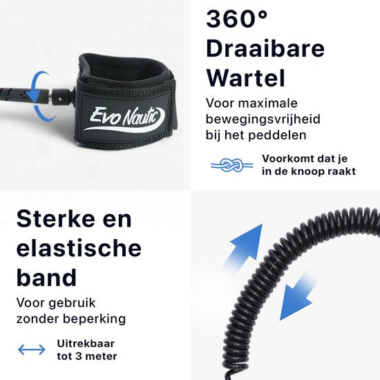 EvoNautic SUP Leash 10ft - Leash simple pour SUP - Longueur : 3 mètres - Sangle de cheville réglable - Compatible avec toutes les planches - Fabriqué dans un matériau solide et résistant